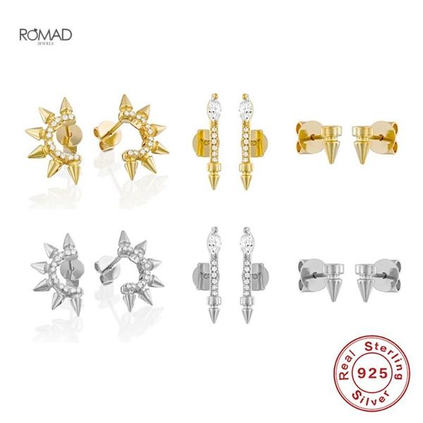 

romad fashion punk revits stud earrings for women luxurious zircon piercing 925 sterling silver earings fine jewelry kolczyki, Golden;silver