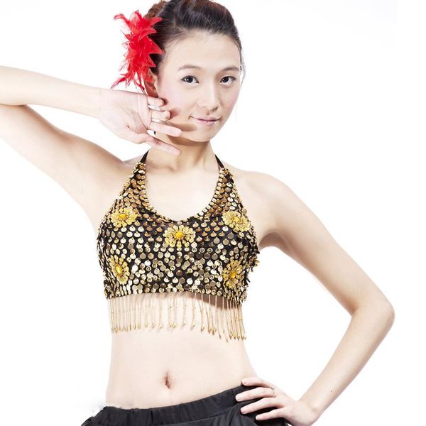 

beaded bra 5 flowers dance crop with sequins for belly dancing wholesale price belly dance costume, Black;red