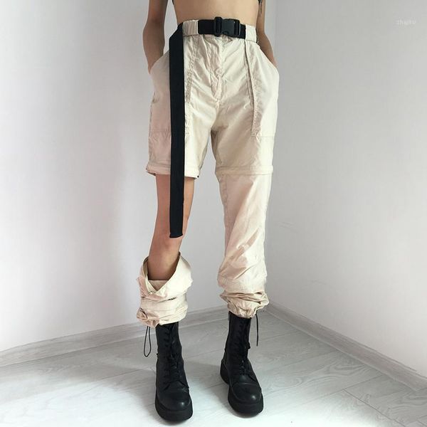 

buckle belt high wast casual pants women summer zipper patchwork hollow out stright loose solid trousers pockets streerwear pant1, Black;white