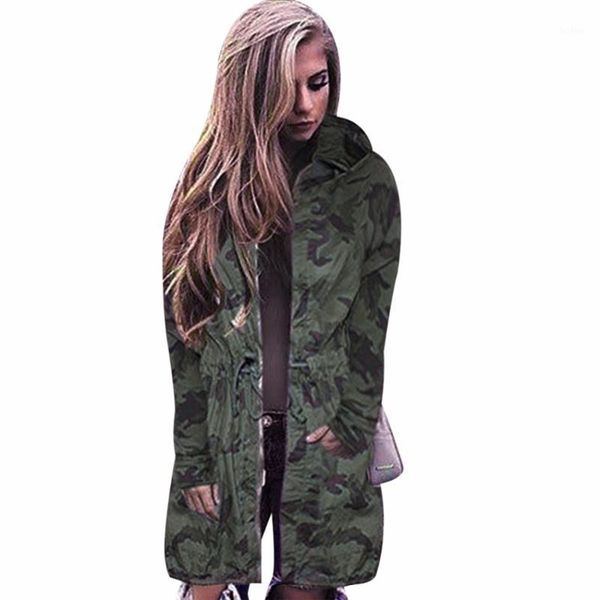 

new women camouflage long coat fashion drawstring zipper long sleeve slim hooded jacket spring autumn hip hop camo outerwear1, Black;brown