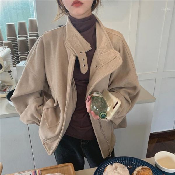 

retro stand-up collar loose short locomotive tooling jacket 2021 autumn and winter new women's all-match jacket uk4021, Black;brown