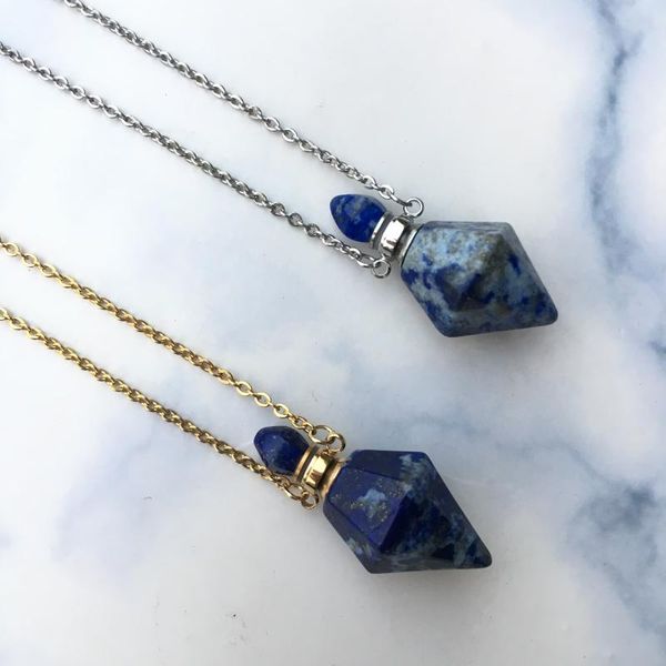 

pendant necklaces faceted lapis lazuli point necklace,lapis necklace,perfume bottle necklace,essential oil diffuser ,perfume, Silver