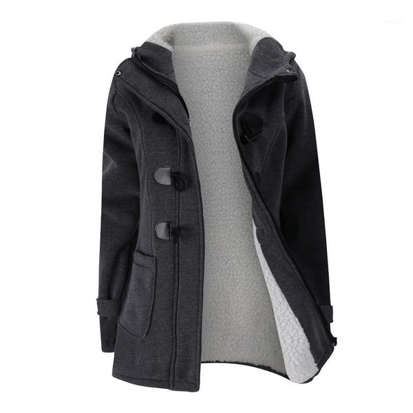 

2018 winter fashion womens hooded horn button trench coat thick fleece casual warm womens outerwear solid color1, Tan;black