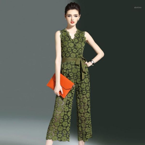 

women's jumpsuits & rompers arrival summer fashion hollow out floral lace wide leg elegant slim fit sleeveless women rompers1, Black;white