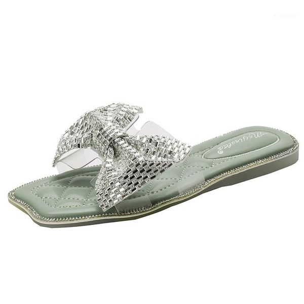

women's fashion bowknot crystal flat slippers square head large size women's shoes comfortable large size slippers1, Black