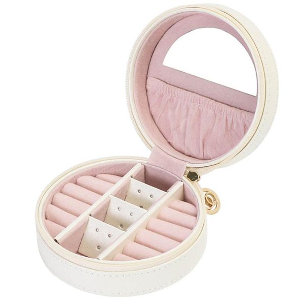 

earring holder solid round case rings display necklace crown design pu leather multi-layer with mirror organizer jewelry box, Pink;blue