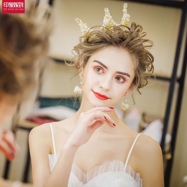 

bridal headdress 2020 new korean style atmosphere crown earrings handmade hair ornaments wedding dress accessories, Silver