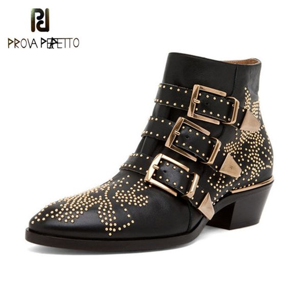 

prova perfetto 2020 luxury rivet flower short boots women round toe susanna studded genuine leather ankle boots zapatos de mujer c1023, Black