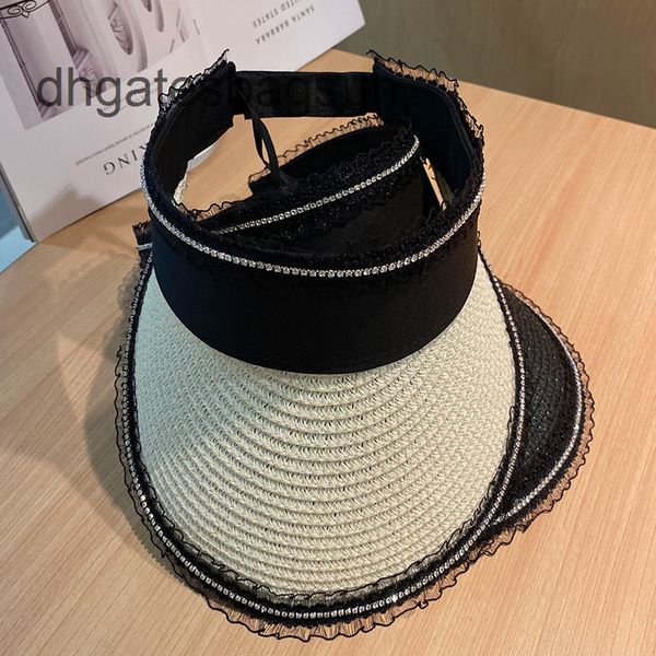 

brand cap carves korean version of versatile straw hollow cap with duck tongue, children's lace edge diamond, summer travel sunscreen s, Blue;gray