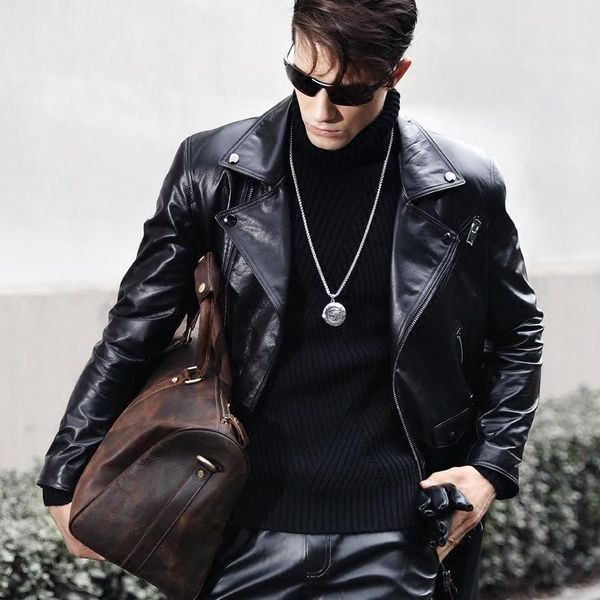 

men's leather & faux genuine jacket long windbreaker autumn winter 100% cow jackets men motorcycle coat 3386 kj2728, Black