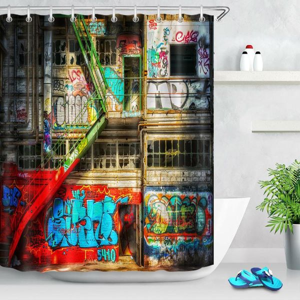 

uniqued hip-hop building shower curtain waterproof fabric bathroom hooks