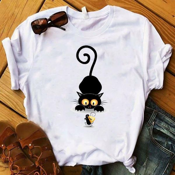 

funny black cat printed women t shirt cartoon short sleeves women shirt cute female t-shirt kawaii tees fashion clothing, White