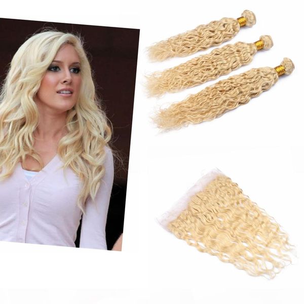

blonde brazilian 613 hair with closure 13x4 lace frontal brazilian blonde wave hair bundles water wave 3 bundles, Black;brown