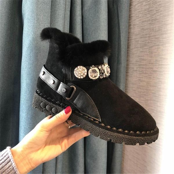 

women snow boots fur winter boots flock crystal ankle platform flat black women shoes plush fashion ladies shoes