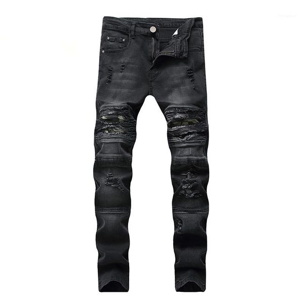 

men jeans slim skinny multi-layer ripped denim distressed black casual pants cotton plus size ruin pants hip hop1, Blue