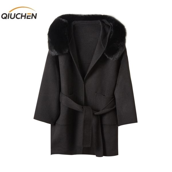 

qiuchen pj new arrival cashmere women jacket real fur real fox fur collar fashion model lj201201, Black