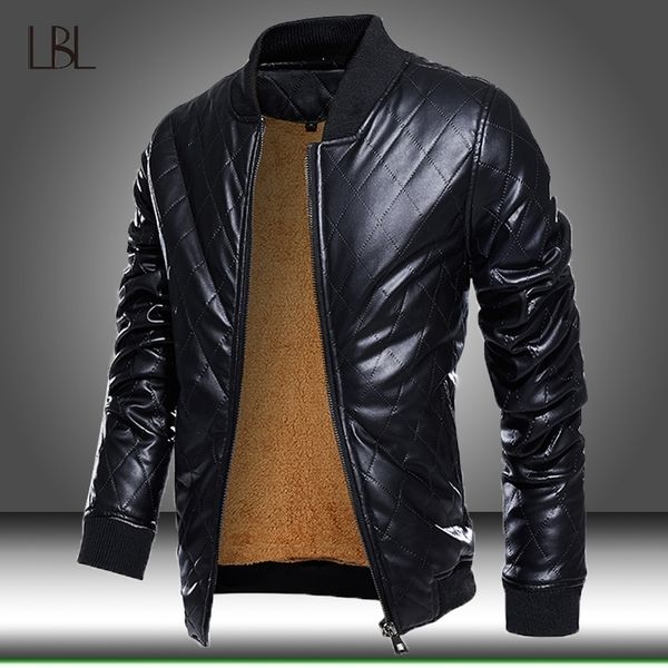 

men winter motorcycle causal vintage leather jacket coat mens fleece warm outfit fashion biker pu leather jackets male outwear 201026, Black