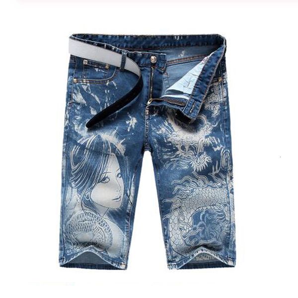 

2021 new men's male fashion blue and dragon print jeans casual thin stretch denim knee length shorts grda