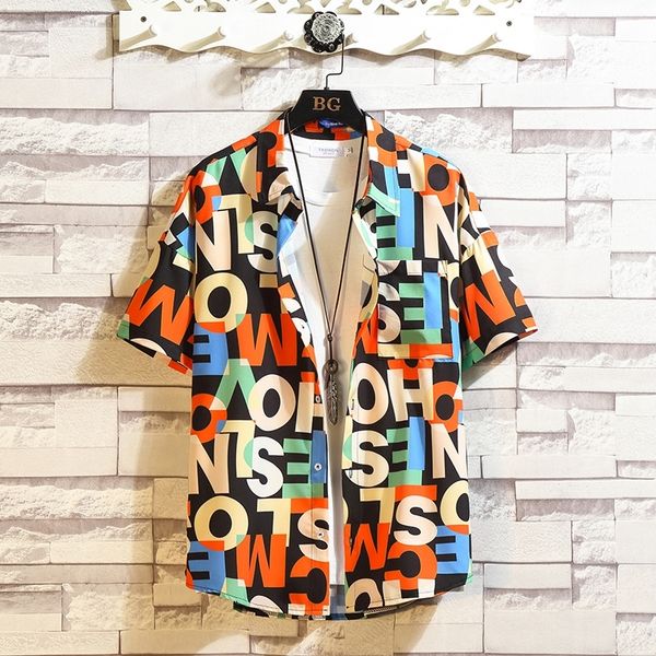 

2021 new casual beach summer shirt letter oversize short sleeve male upper blouse plus size 5xl oomi udy1, White;black