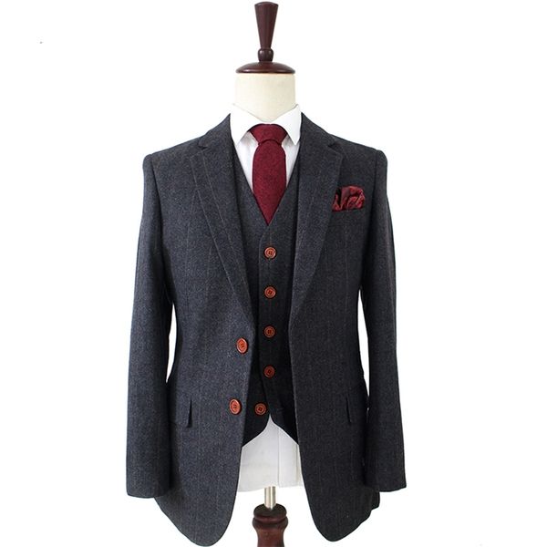 Lana grigio scuro a spina di pesce Tweed su misura abiti da sposa slim fit per uomo Abito da uomo 3 pezzi su misura in stile retrò 201106