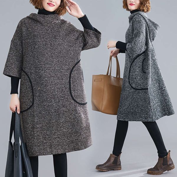 

fall / winter 2020 new loose, big, fat sister, pork, fashion, warm, standing collar, hooded, medium length dress, Black;gray