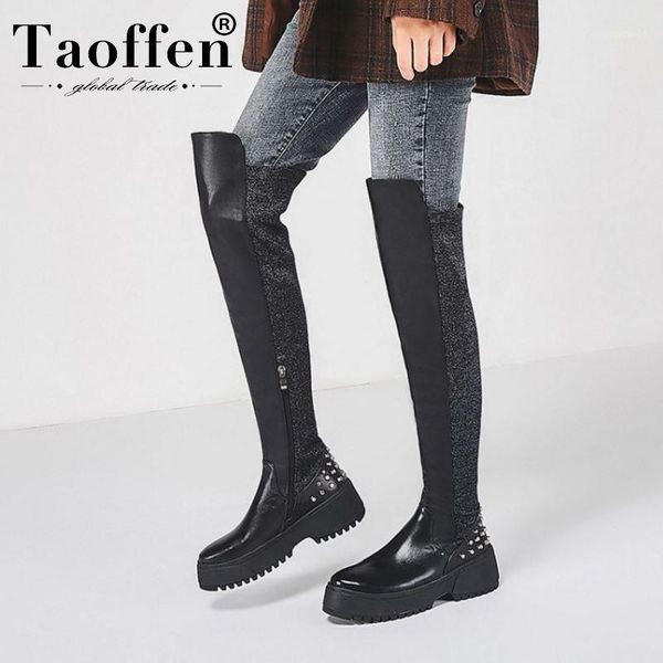 

taoffen women rivet over the knee boots flats platform real leather winter boots thick sole woman shoes footwear size 34-391, Black
