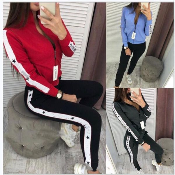 

4 colors women sport wear stand collar tracksuits women casual suit zipper pullover with pant jogging 2pc set, White