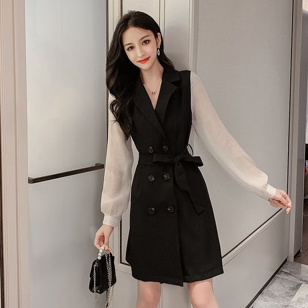 

2020 autumn new style korean style double breasted waist lace up show thin black suit collar medium length long skirt long skirt dress for w, Black;gray