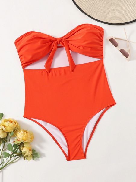 

plus knot front bandeau one piece swimsuit d760#, Black