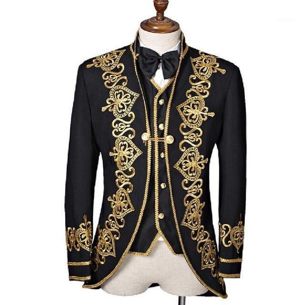 

jacket+vest+bowtie+pant) 2020 new men suits slim fit embroidered gold royal gown male singer men suit groom wedding tuxedo1, White;black