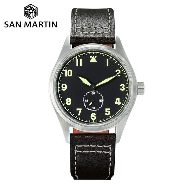 

san martin pilot military quartz men watch switzerland ronda 6004 leather waterproof watches fashion sports casual t200409, Slivery;brown