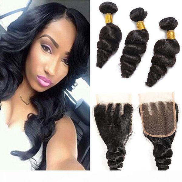 

7a weaves with closure brazilian human hair extensions virgin hair weft with 4x4 lace closure black loose wave hair 3 bundles, Black;brown