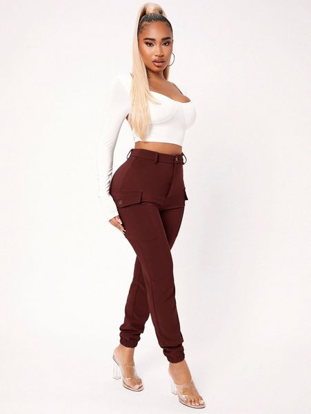 

high waist flap pocket side pants f6jf#, Black;white