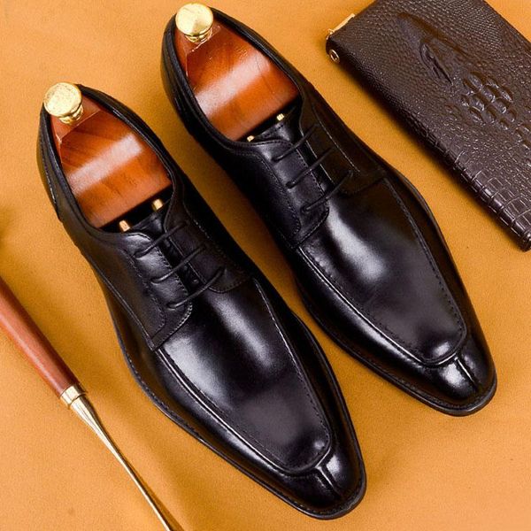 

genuine leather men's leather shoes business dress classic quality flat shoes wedding pointed men's oxford black brown