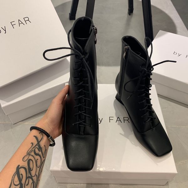 

designer womens boots luxury black leather lace-up side zipper square head low heel with box size 34-40