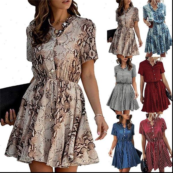 

women dress spring summer plaid snake print striped short sleeve v neck dress ladies casual empire party mini dresses, Black;gray