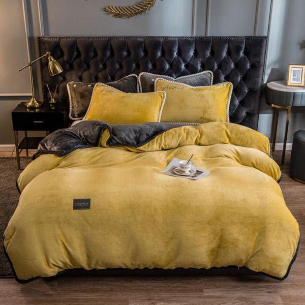 

2021 new 4pcs sheet home textiles yellow crystal velvet coral fleece winter quilt cover pillowcase keep warm bedding sets