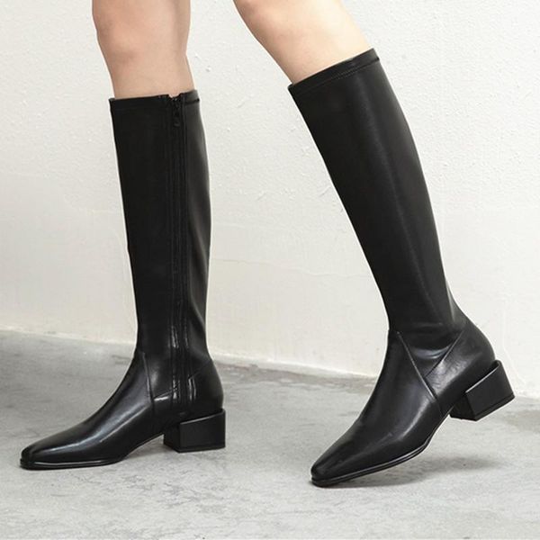 

genuine leather high heels knee high boots for women winter autumn party dress shoes woman working tight boots, Black