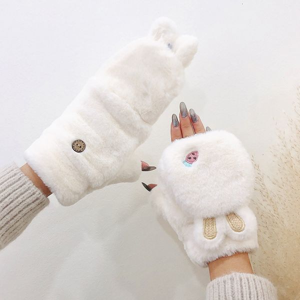 

winter flip lovely plush warm female student cartoon thick rabbit ear gloves, Blue;gray