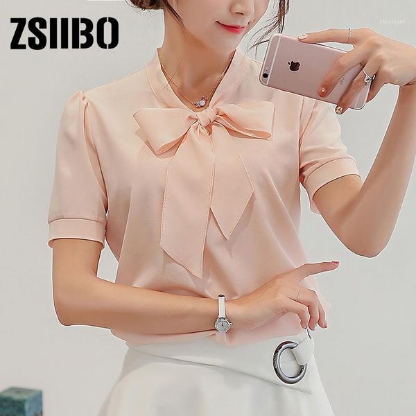 

2020 korean style summer women short sleeve blouse bow women chiffon shirt plus size office ladies work clothing1, White