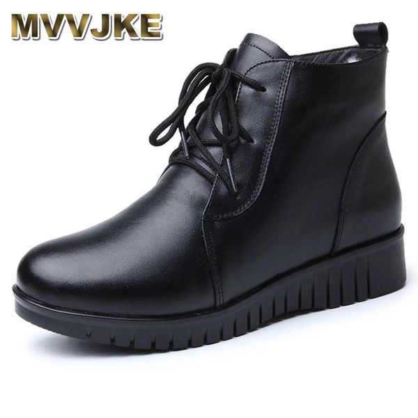 

boots mvvjke women's genuine leather wool warm winter boot ankle for women flat fur fashion lace up black ladies shoes