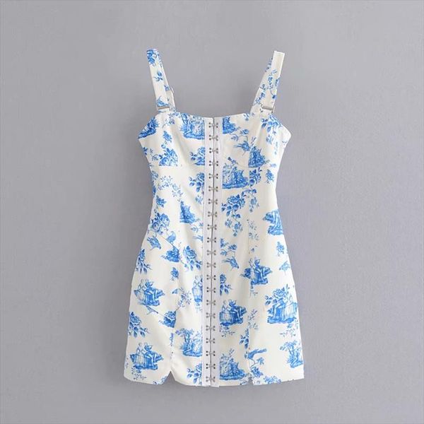 

vintage chic blue and white porcelain print hook button dress elegant ladies square collar sling mini dresses, Black;gray