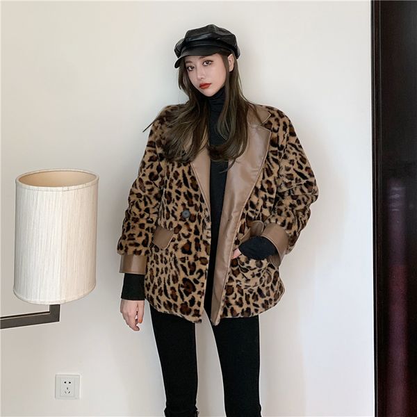 

korean fashion leopard print patchwork loose and versatile coat women's plush cotton coat, Black