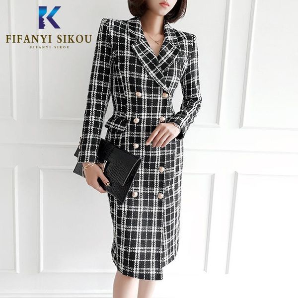 

autumn winter women wool blend coats vintage plaid double breasted long trench coat ladies elegant woolen coat warm overcoat1, Black