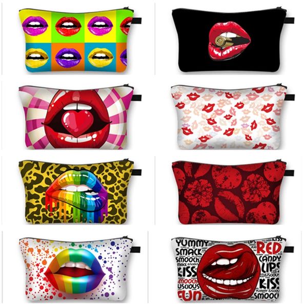 

women lips cosmetic makeup bag zipper handbag tote purses wallet travel toiletry bag lipstick brushes jewelry storage totes 18colors e123003, Black