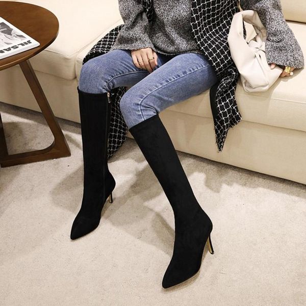 

brand women's shoes woman plus large size 33-49 knee boots zipper thin high heels8.5cm party boots botas de mujer 2021 39-1, Black