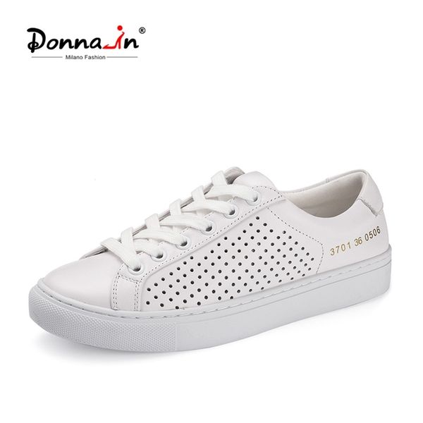 

donna-in hollow breathable women white shoes genuine leather platform shoes fashion casual lace up vulcanized shoes women flats lj200820, Black