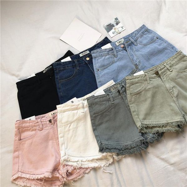 

retro leisure trousers high waist slim candy-colored denim shorts straight leg jeans heavyweight harem pants coated, Blue