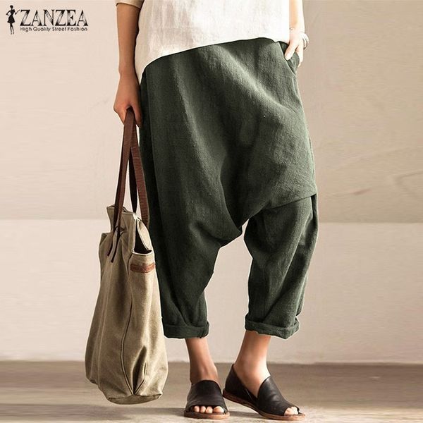 

casual drop-crotch trousers womens pants autumn zanzea vintage elastic waist harem pant female long pantalon palazzo 5xl y200114, Black;white