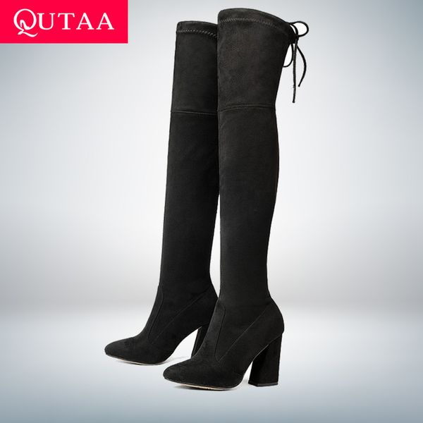 

qutaa 2020 новый flock кожа женщин над коленом boots узелок sexy высокие каблуки осень женская обувь зима женщин сапоги размер 34-43 c1011, Black;white